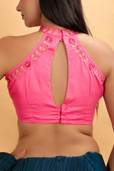 Fuchsia Pink Halter Neck Embroidered Blouse