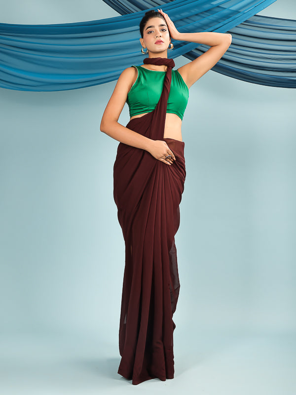 Green Dual Tone Halter Neck Embroidered Padded Blouse