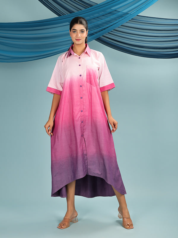 Pink Mauve Ombre Dyed Shirt Midi Dress