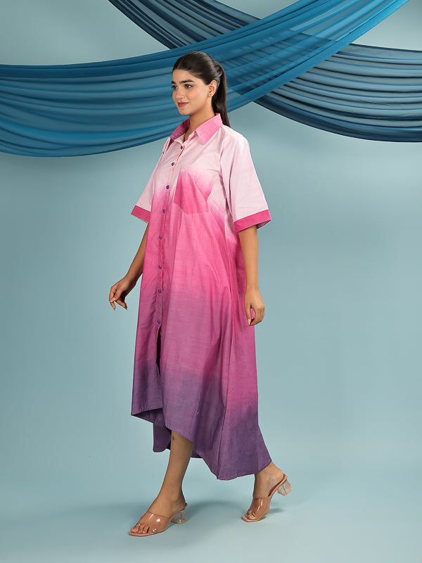 Pink Mauve Ombre Dyed Shirt Midi Dress
