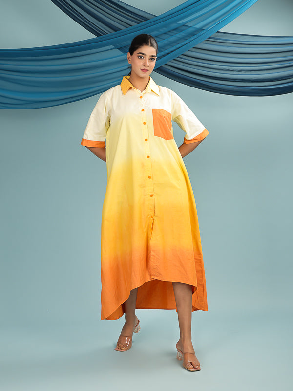 Yellow Orange Ombre Dyed Shirt Midi Dress