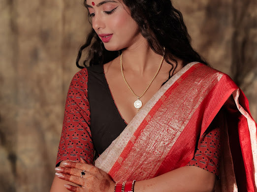 Nobonita - Rust Black Ajrakh Durga Hand Embroidered Blouse