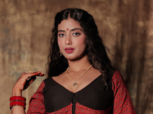 Nobonita - Rust Black Ajrakh Durga Hand Embroidered Blouse