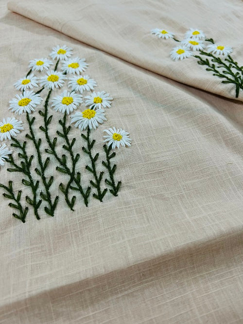 Fresh White Daisies Hand Embroidered Cream Blouse Piece