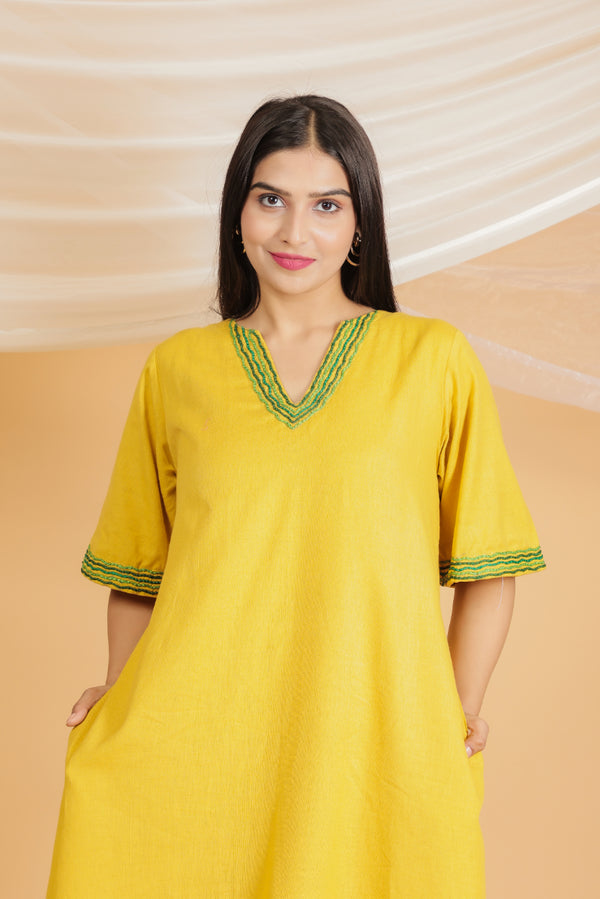 Yellow Embroidered Short Night Dress