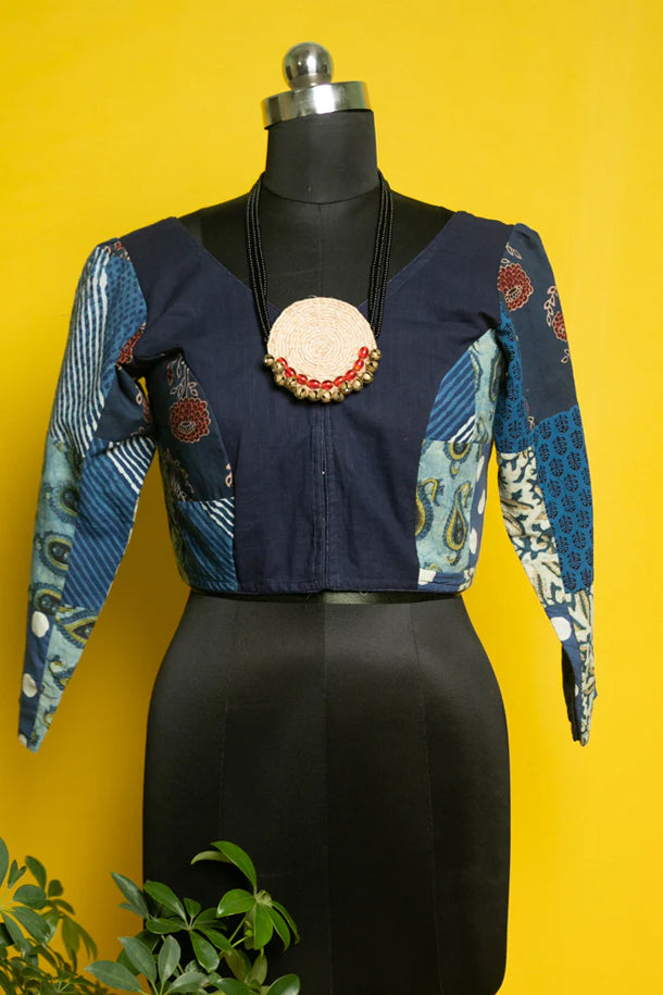 Indigo Blue Patchwork full  Sleeve Cotton Blouse