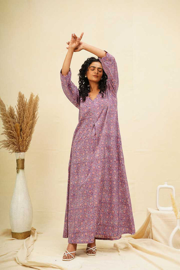 Purple Peach Floral Block Printed Kaftan Nighty Dress