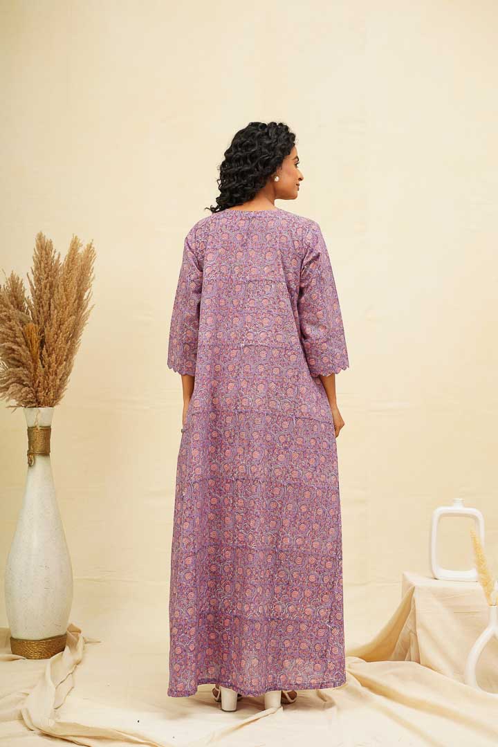 Purple Peach Floral Block Printed Kaftan Nighty Dress