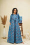 Ocean Blue Floral Block Printed Kaftan Nighty Dress