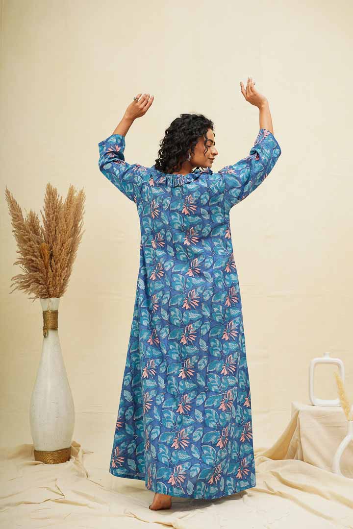Ocean Blue Floral Block Printed Kaftan Nighty Dress