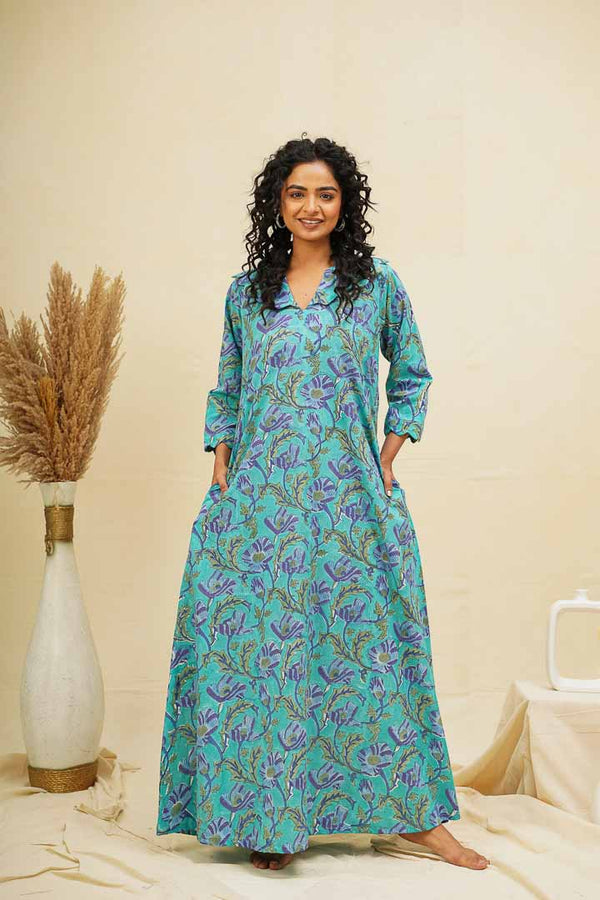 Soft Blue Floral Block Printed Kaftan Nighty Dress