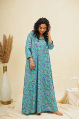 Soft Blue Floral Block Printed Kaftan Nighty Dress