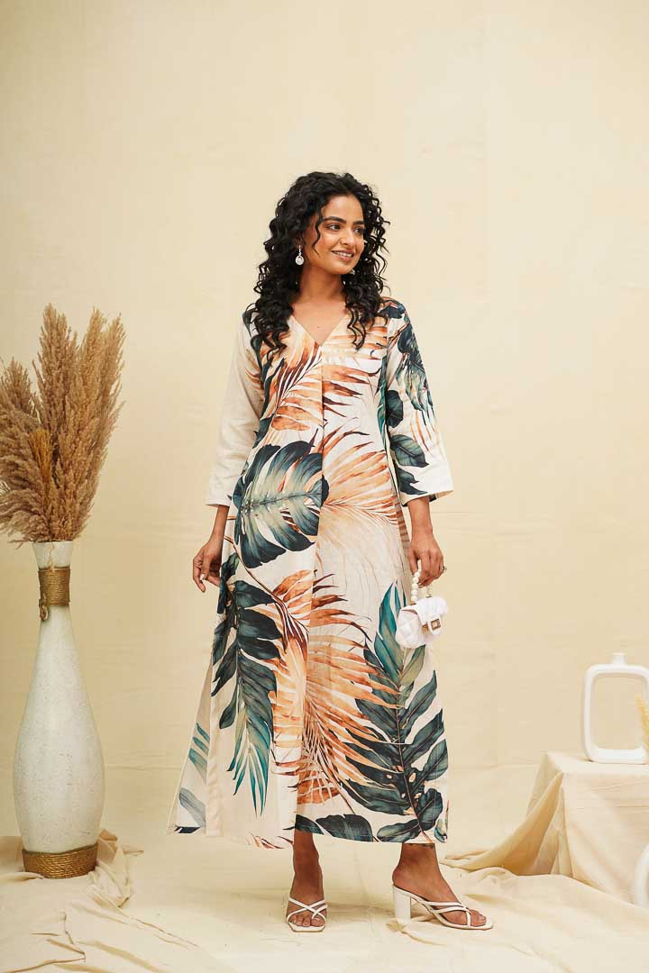 Beige Green Kaftan Style Shirt Dress