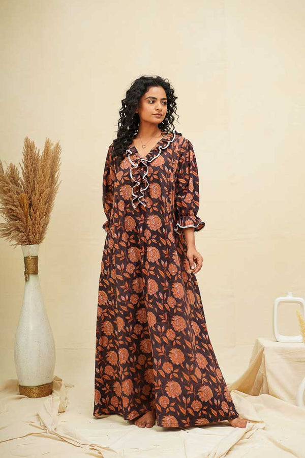 Brown Floral Block Printed Kaftan Nighty Dress