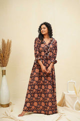 Brown Floral Block Printed Kaftan Nighty Dress