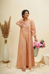 Pink Peaches Floral Block Printed Kaftan Nighty Dress
