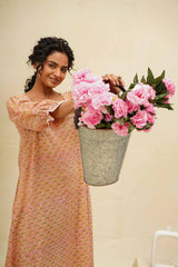 Pink Peaches Floral Block Printed Kaftan Nighty Dress