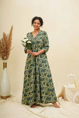 Indigo Blue Floral Block Printed Kaftan Nighty Dress