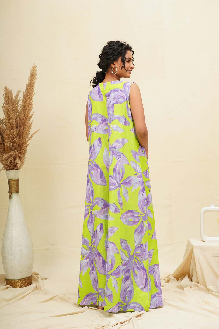 Purple Green Floral Sleeveless Comfort Dress