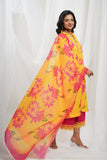 Yellow Fuchsia Pink Cotton Floral Kurta Set