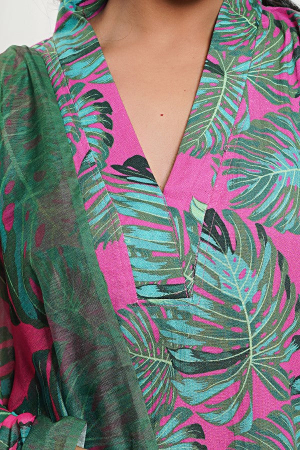 Rani Pink Green Cotton Tropical Print Kurta Set