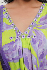 Lavender and Neon Green Cotton Floral Kurta Set