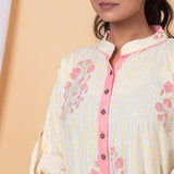 Cream Pink Cotton Floral Shirt Style Dress  - thesaffronsaga