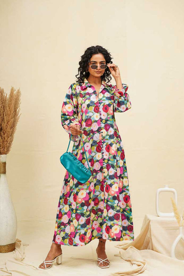 Mustard Floral Digital Print Kaftan Dress