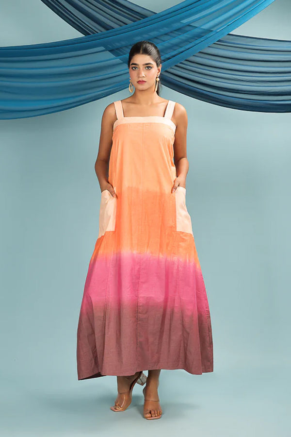 Peach Pink Ombre Dyed Strappy Midi Dress