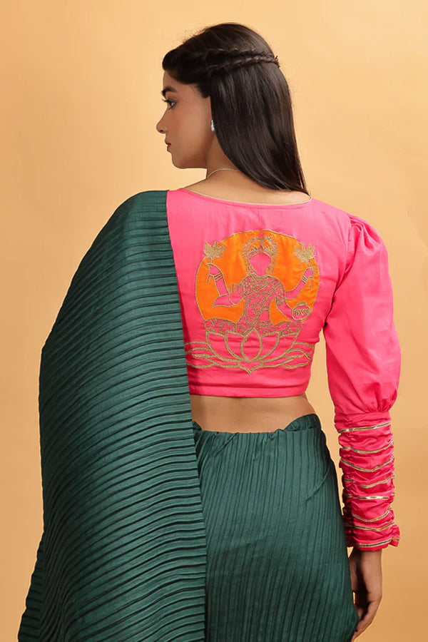 Pink Orange Durga Embroidery Gota Work Blouse