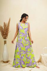 Purple Green Floral Sleeveless Comfort Dress