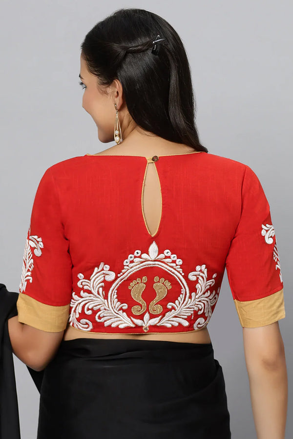 Red Golden Paa Dugga Alpona Embroidery Blouse