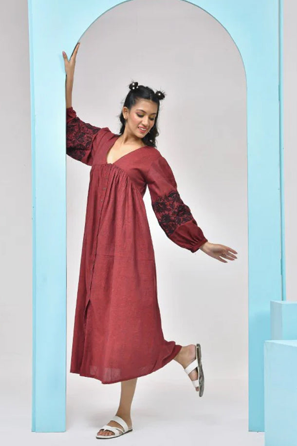 Rust Maroon Embroidered Cotton Midi Dress – thesaffronsaga