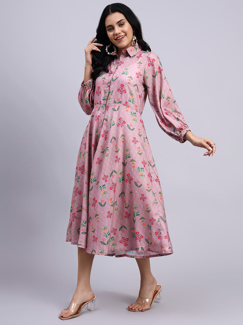 Meher Blush Floral Modal Satin Shirt Dress