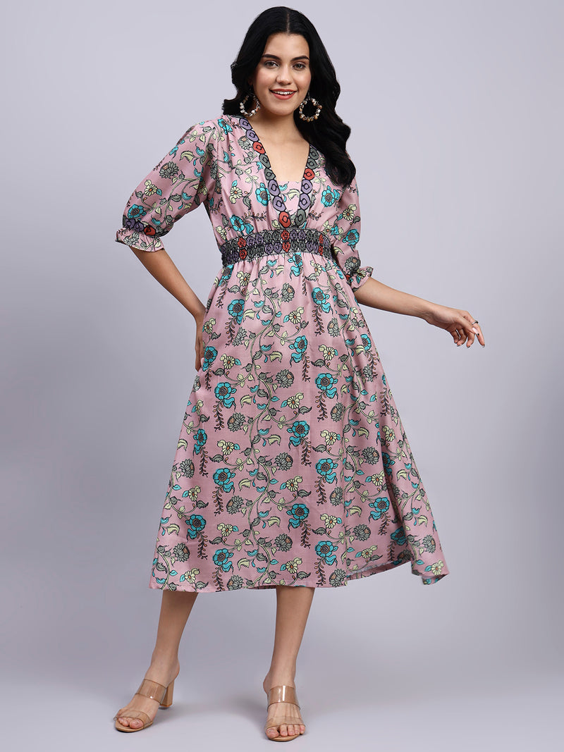 Saanjh Blush Garden Smocked Midi Dress