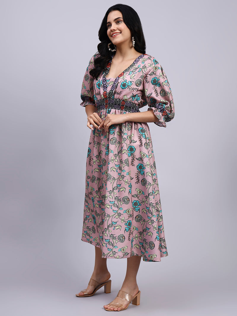 Saanjh Blush Garden Smocked Midi Dress