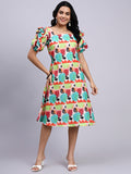 Rhea Pop Art Puff Sleeve Midi Dress