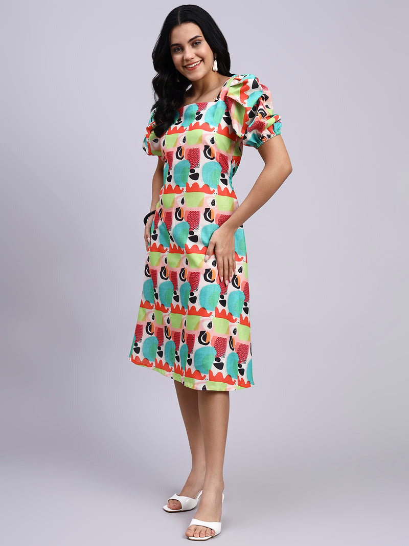 Rhea Pop Art Puff Sleeve Midi Dress