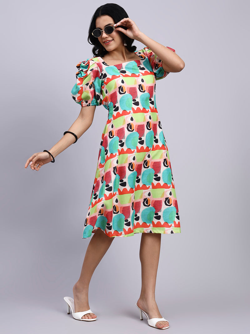 Rhea Pop Art Puff Sleeve Midi Dress