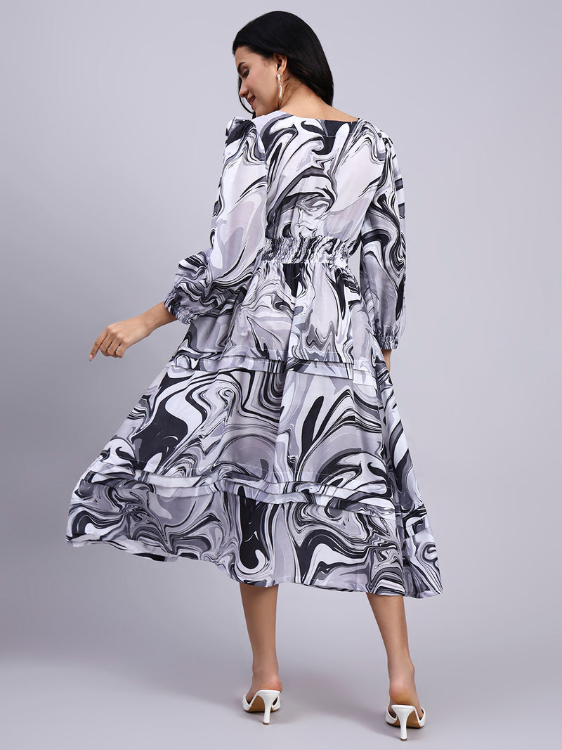 Ira Monochrome Marble Tiered Midi Dress