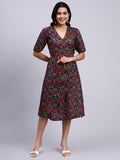 Nyra Noir Floral Wrap Midi Dress