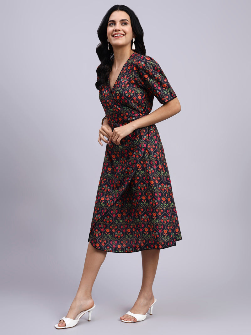 Nyra Noir Floral Wrap Midi Dress