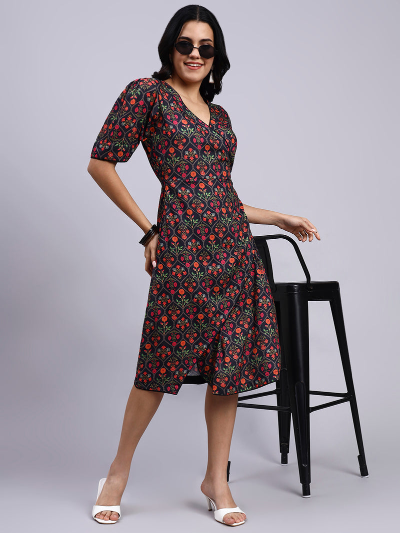 Nyra Noir Floral Wrap Midi Dress