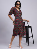 Nyra Noir Floral Wrap Midi Dress