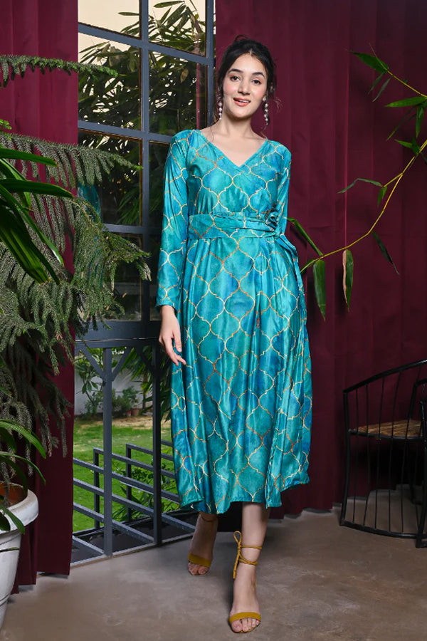 Sea Blue Moroccan Geometric Print Velvet Wrap On Dress