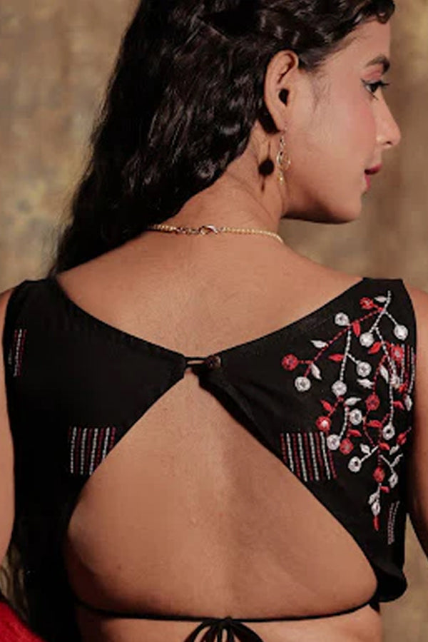 Sundori - Black Embroidered Sleeveless Cotton Blouse