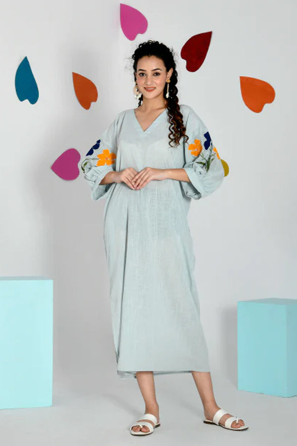 Ice Blue Embroidered Shirt Style Comfort Dress