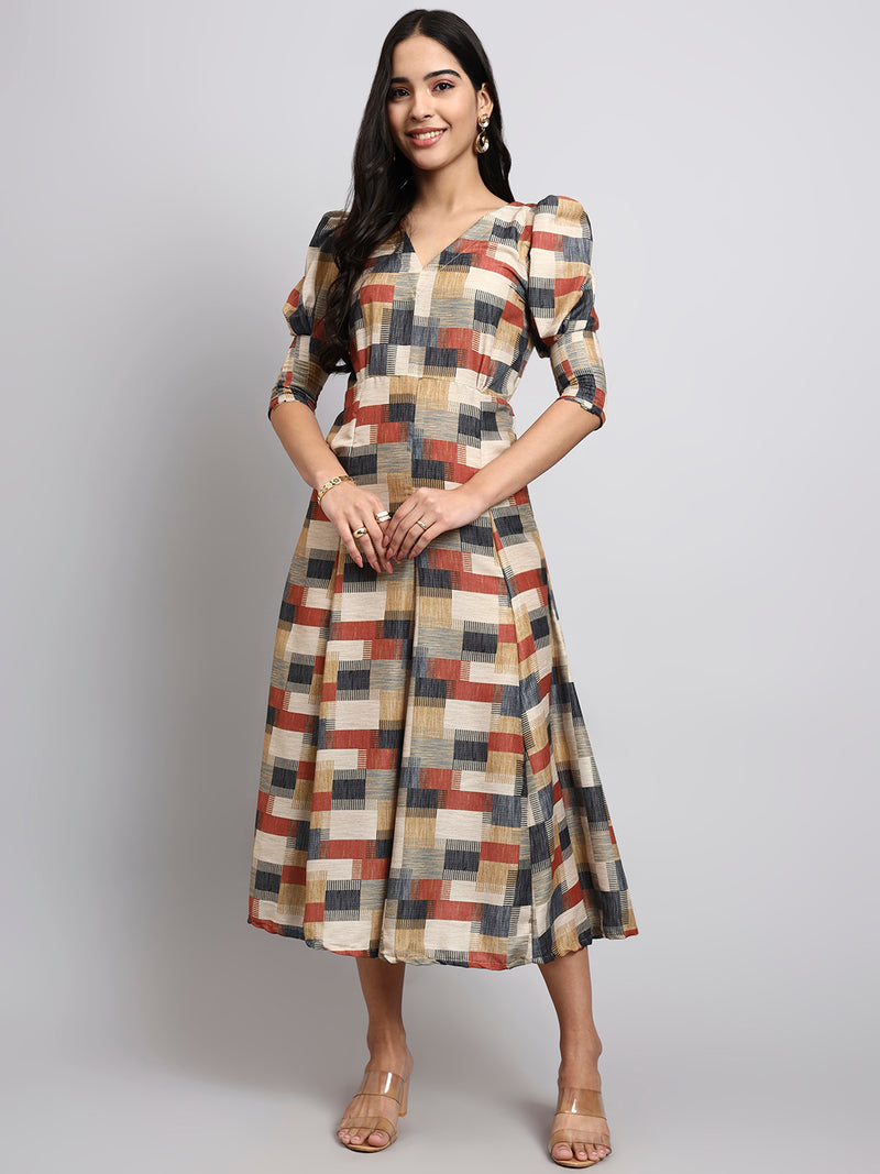 Multicolor Checkered Fit-and-Flare Midi Dress