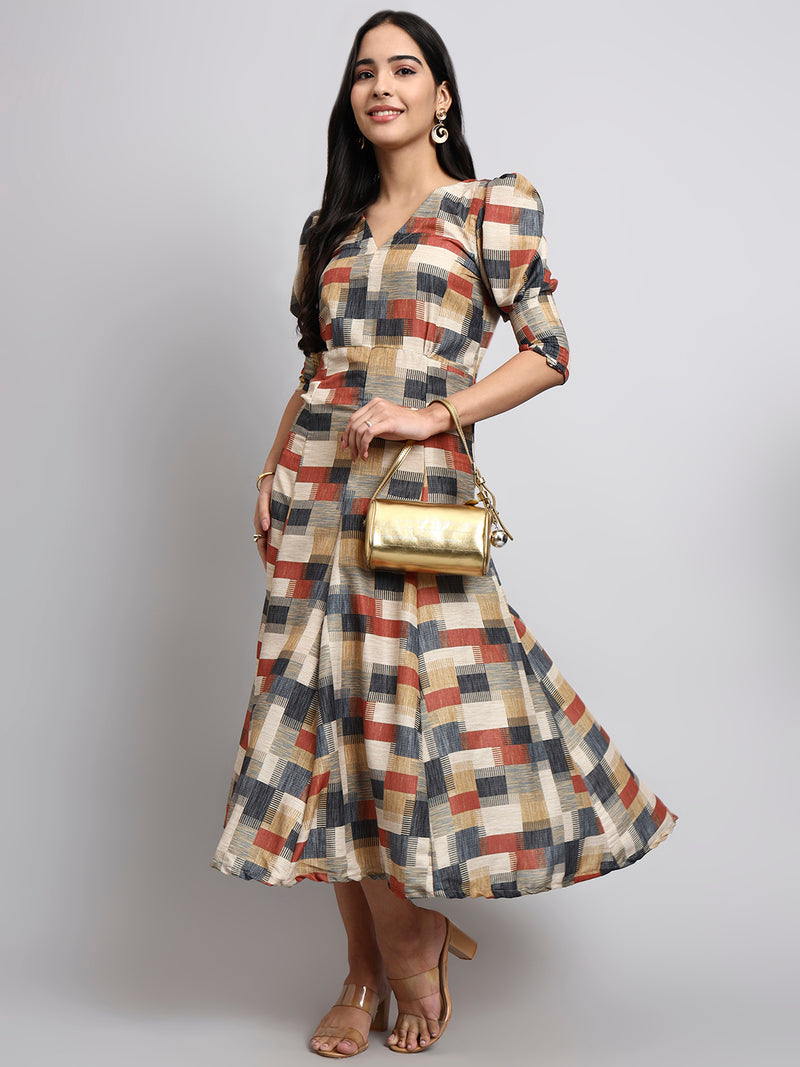 Multicolor Checkered Fit-and-Flare Midi Dress