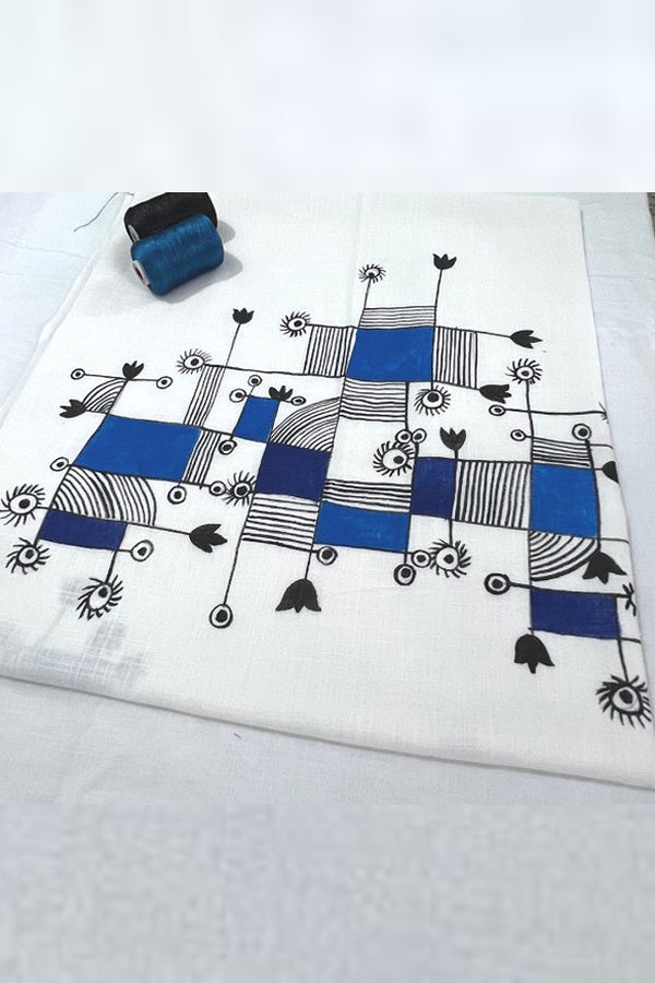 WHITE BLUE ABSTRACT HANDPAINTED COTTON BLOUSE MATERIAL